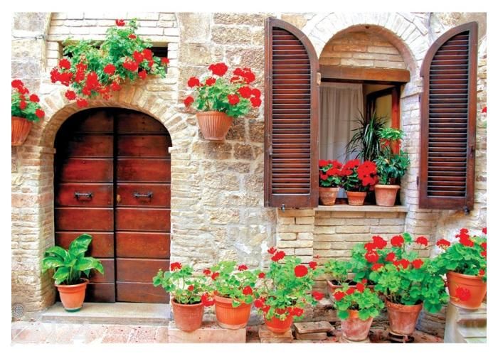 Non-woven kuvatapetti Italian House with Colorful Potted Flowers 368x254 cm kuvasuurennos