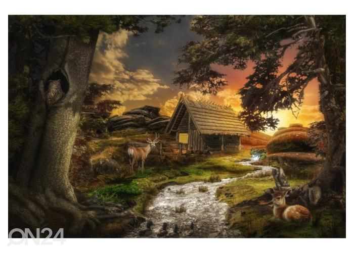 Non-woven kuvatapetti Old decrepit house near a stream at sunset in the fabulous valley 368x254 cm kuvasuurennos