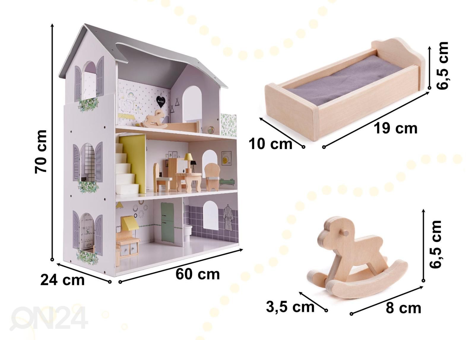 Nukkekoti + huonekalut 70 cm kuvasuurennos mitat