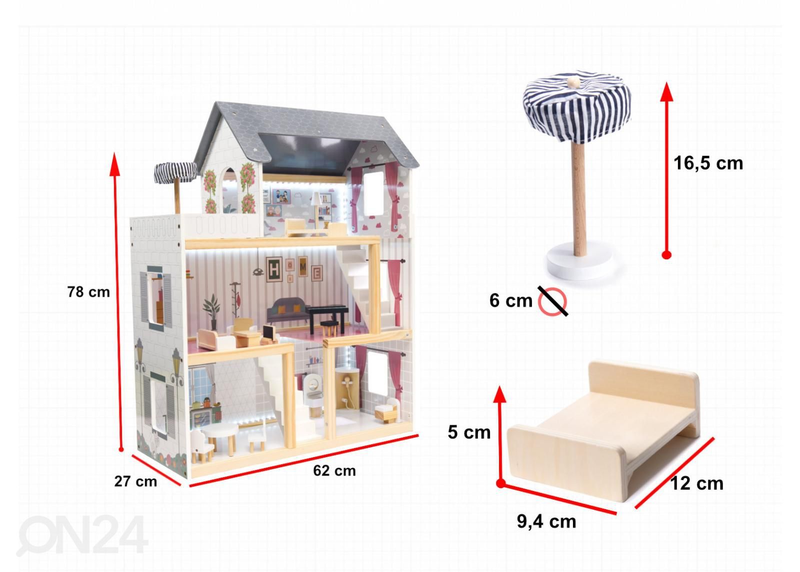 Nukkekoti + huonekalut ja LED-valot 78 cm kuvasuurennos mitat