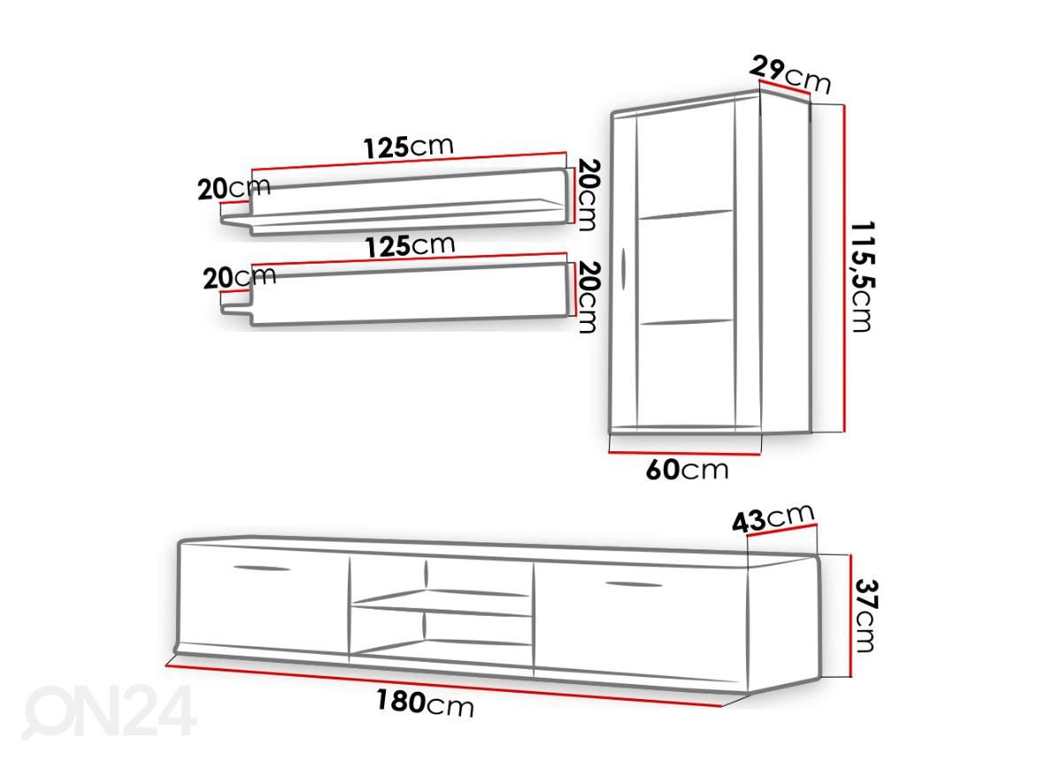 Olohuoneen kalusteryhmä 180 cm + LED-valaistus kuvasuurennos mitat