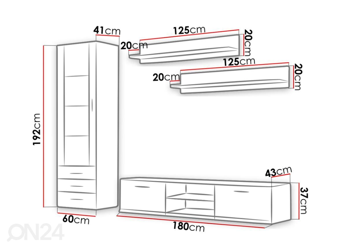 Olohuoneen kalusteryhmä 240 cm kuvasuurennos mitat