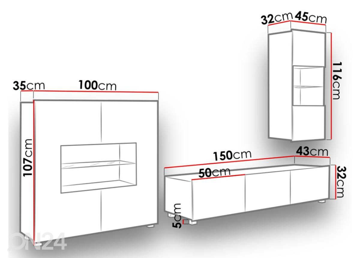 Olohuoneen kalusteryhmä 250 cm kuvasuurennos mitat