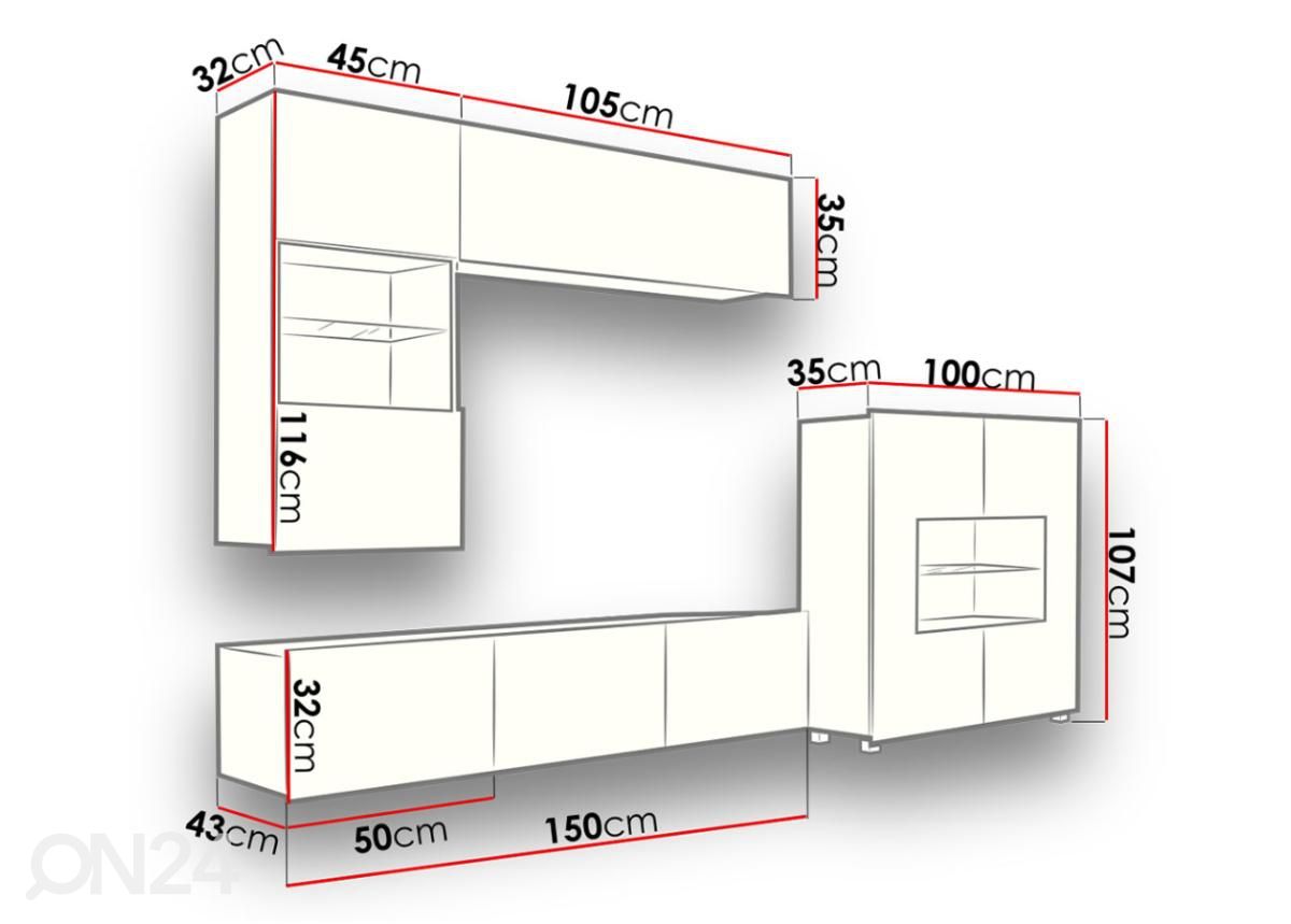 Olohuoneen kalusteryhmä 250 cm + LED-valaistus kuvasuurennos mitat