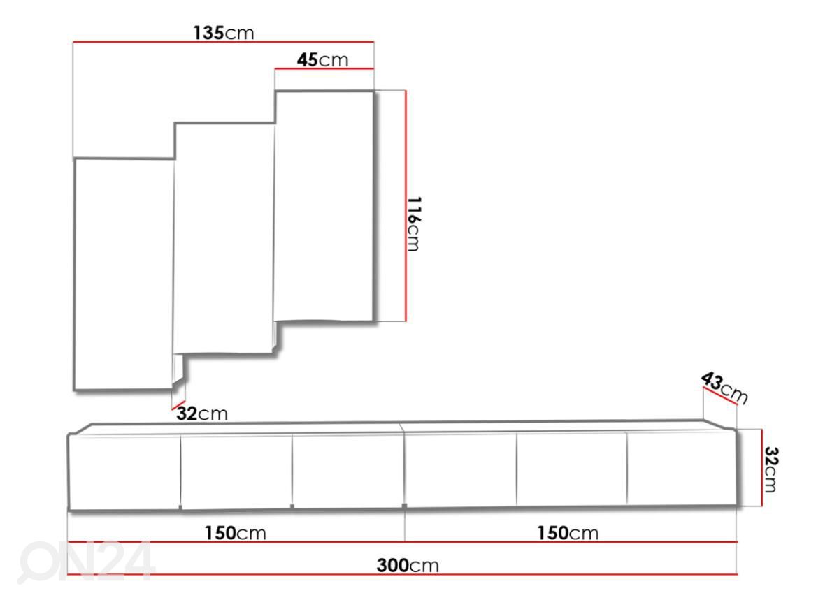 Olohuoneen kalusteryhmä 300 cm kuvasuurennos mitat