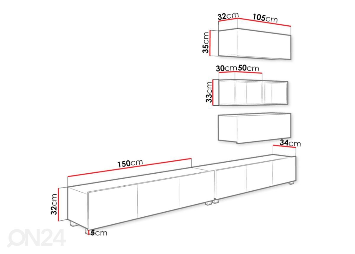 Olohuoneen kalusteryhmä 300 cm kuvasuurennos mitat