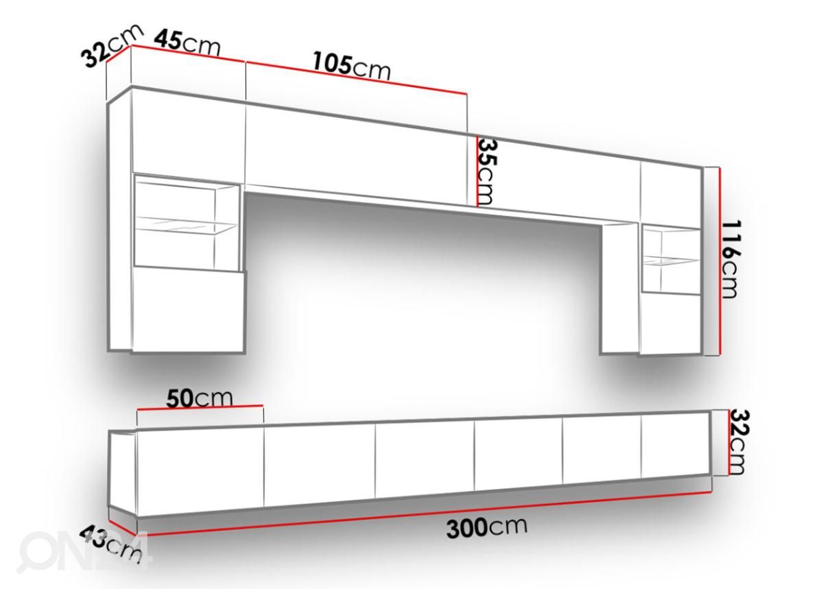 Olohuoneen kalusteryhmä 300 cm kuvasuurennos mitat