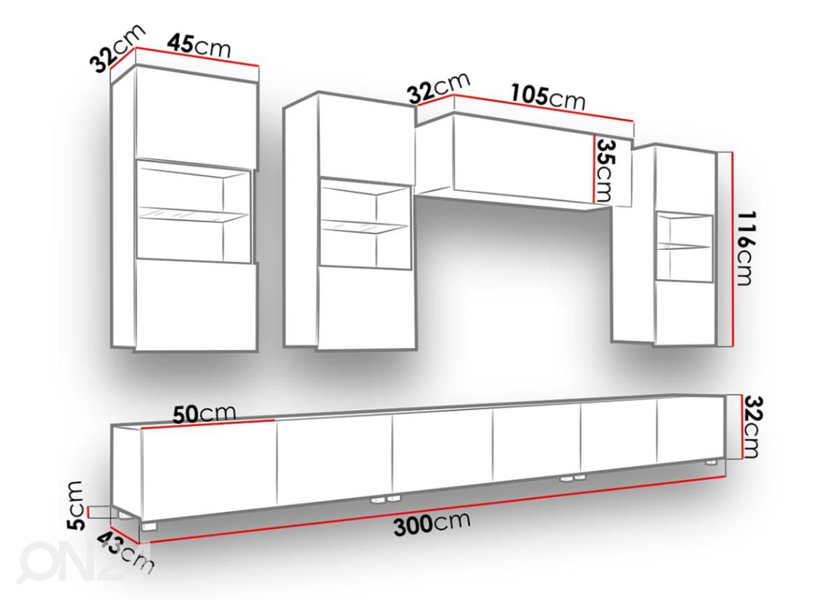 Olohuoneen kalusteryhmä 300 cm kuvasuurennos mitat