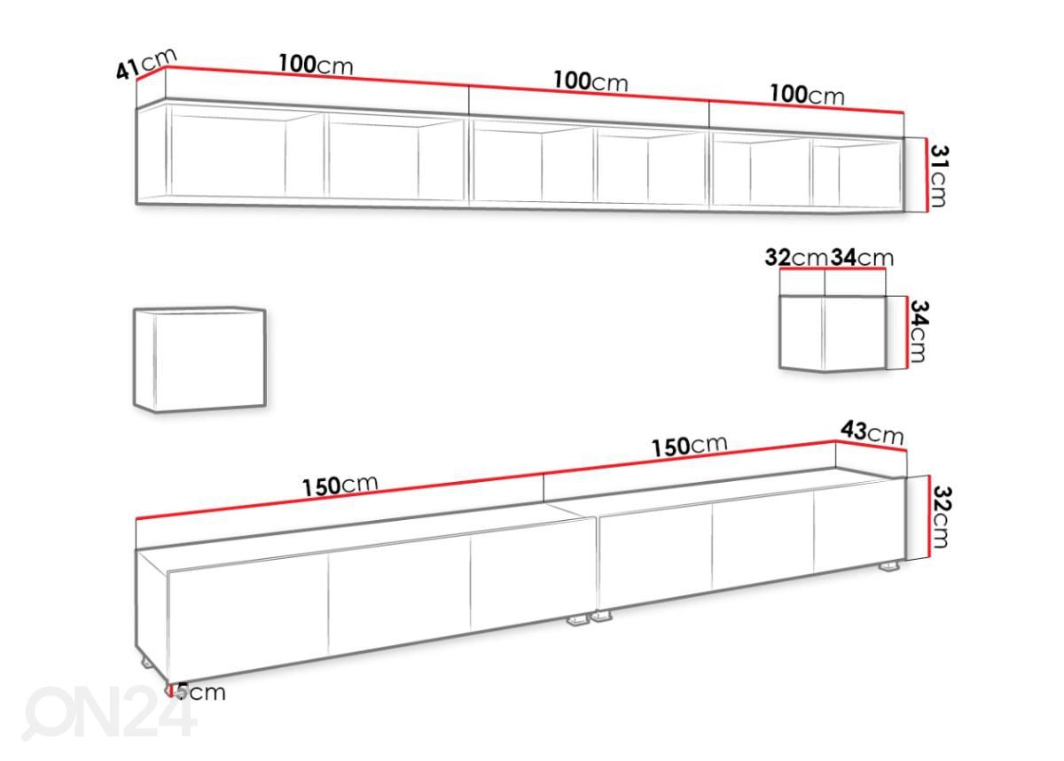 Olohuoneen kalusteryhmä 300 cm kuvasuurennos mitat