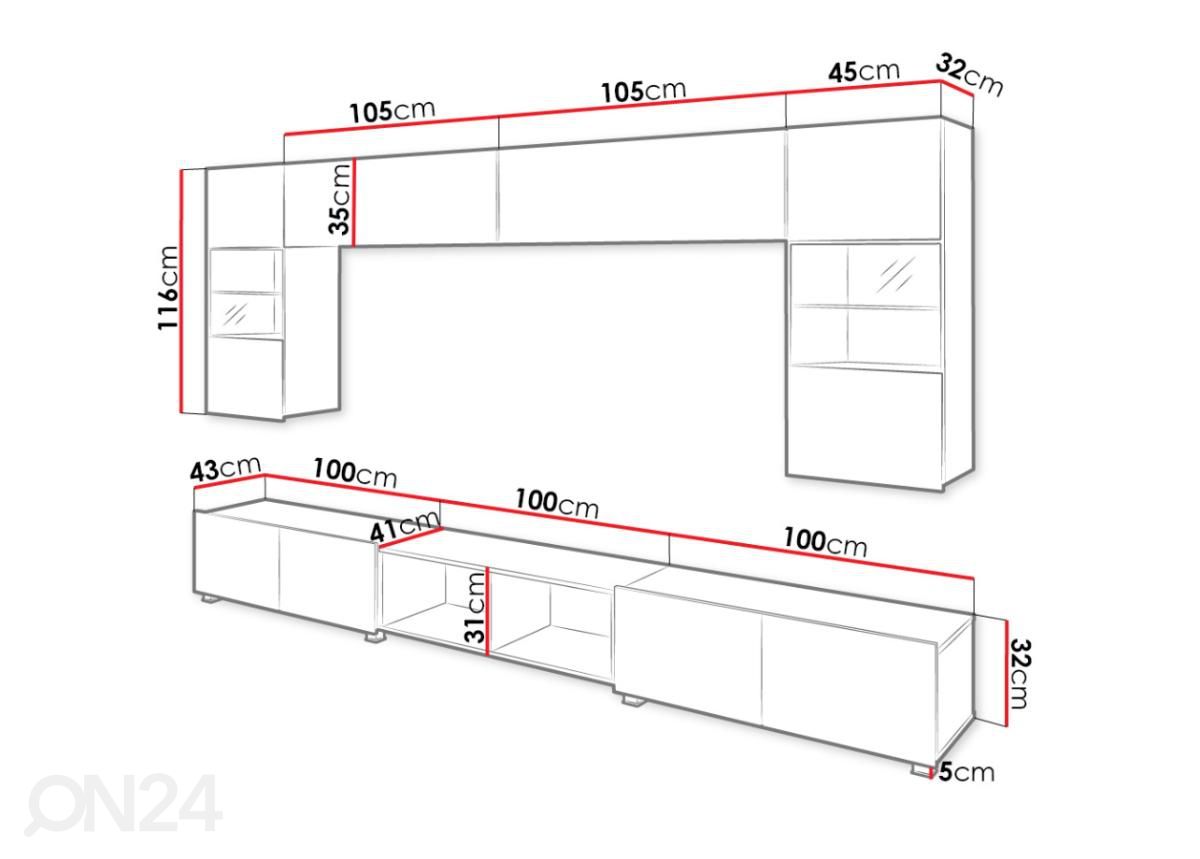 Olohuoneen kalusteryhmä 300 cm + LED-valaistus kuvasuurennos mitat