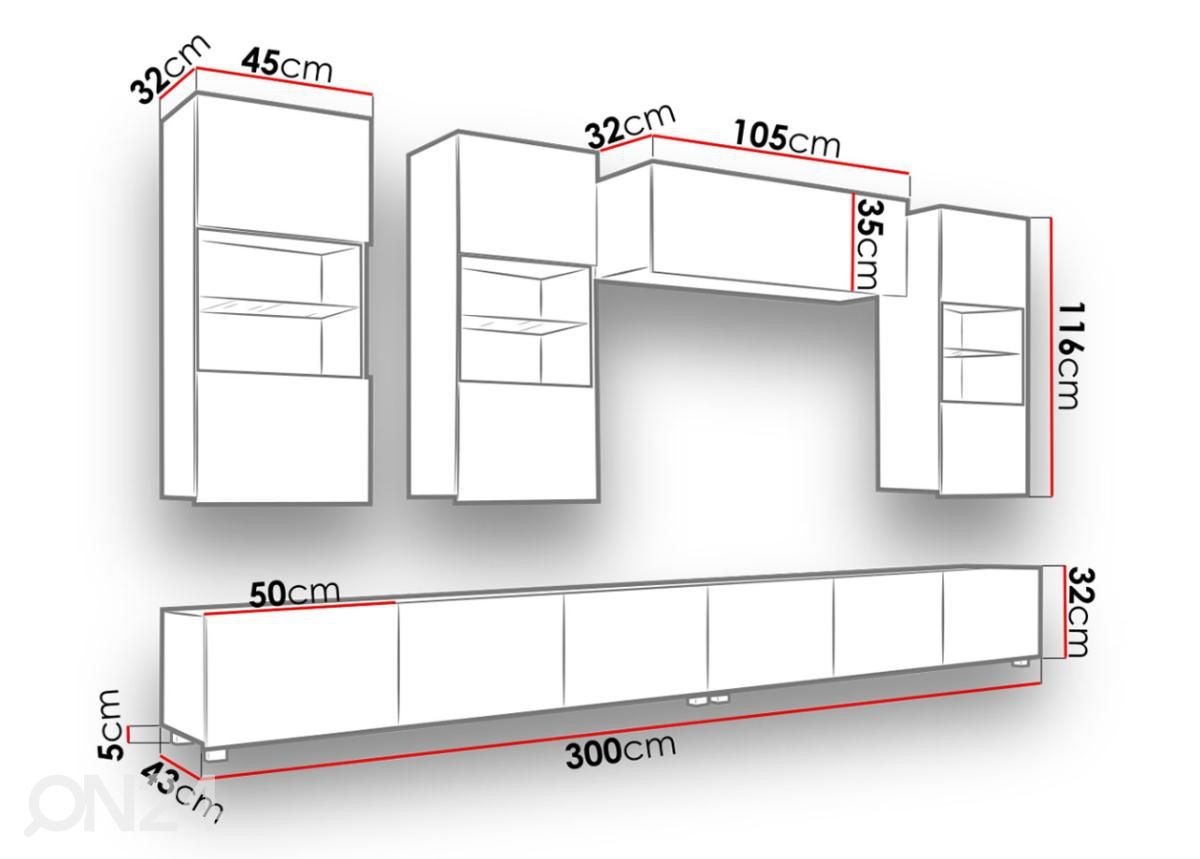 Olohuoneen kalusteryhmä 300 cm + LED-valaistus kuvasuurennos mitat
