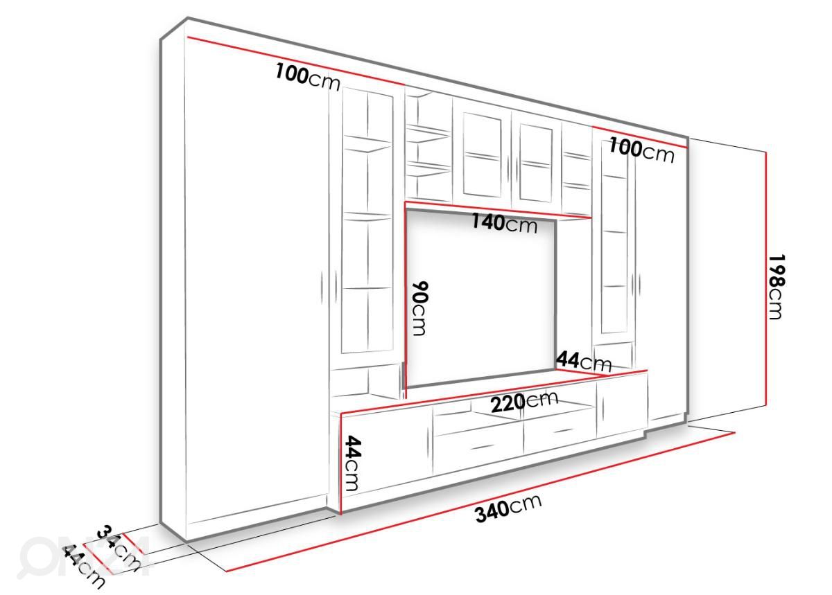 Olohuoneen kalusteryhmä 340 cm kuvasuurennos mitat