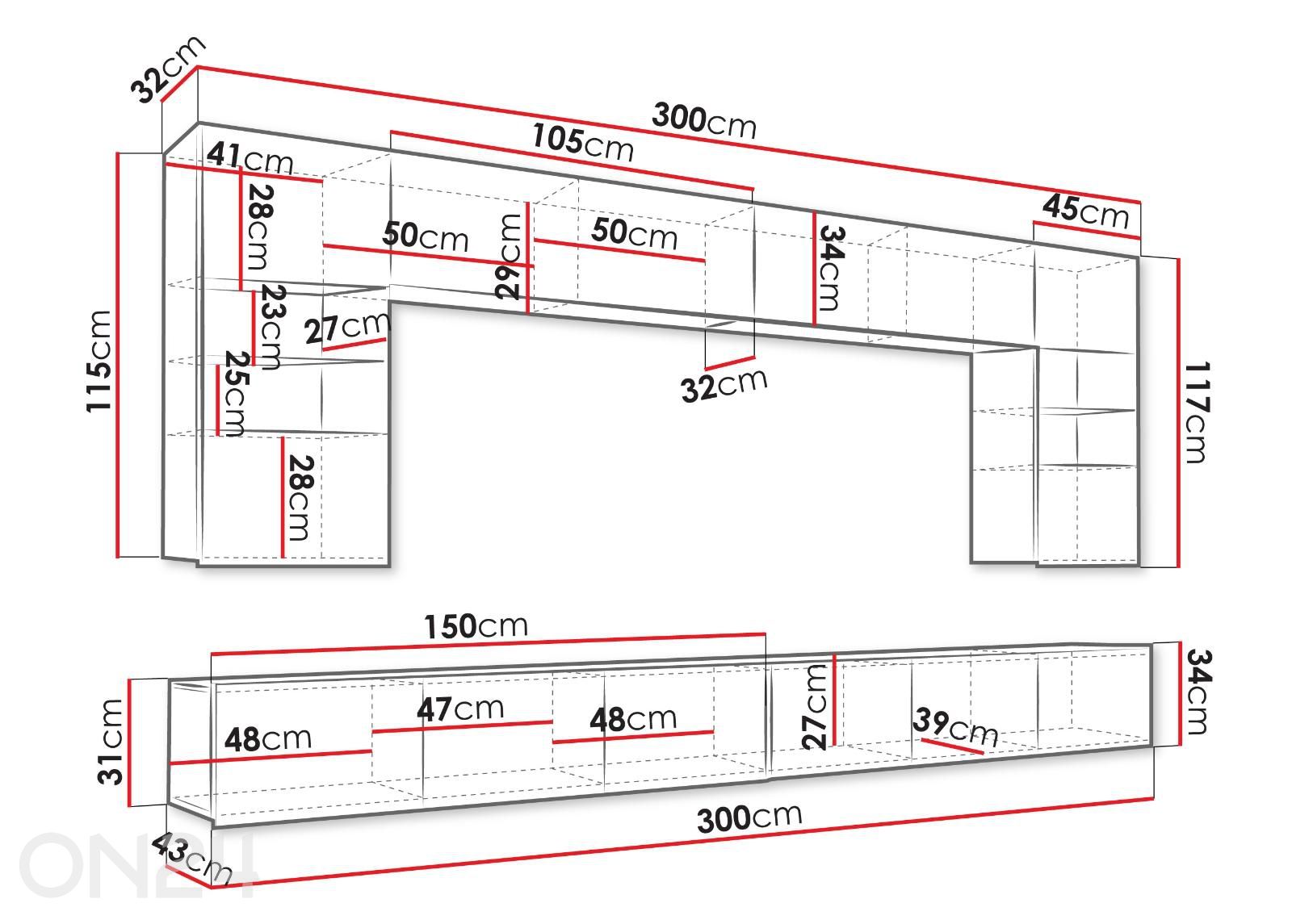 Olohuoneen kalusteryhmä Claudia 300 cm kuvasuurennos mitat