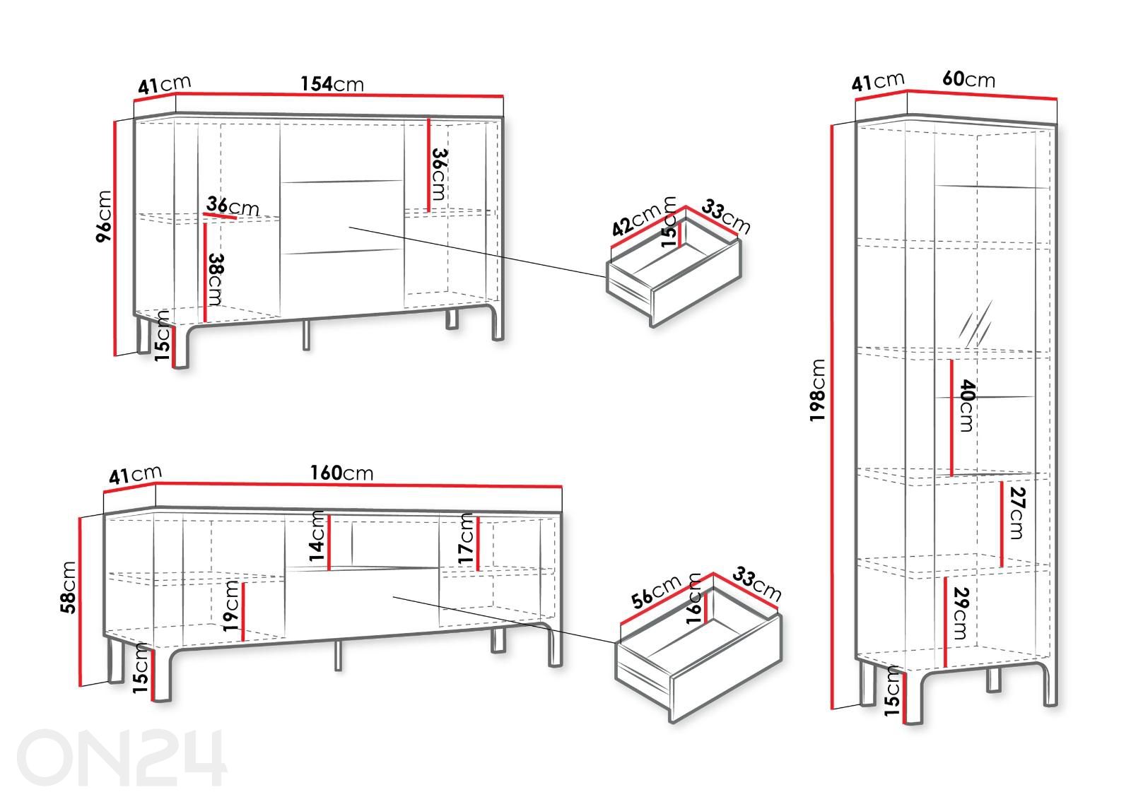 Olohuoneen kalusteryhmä Malumi + LED kuvasuurennos mitat
