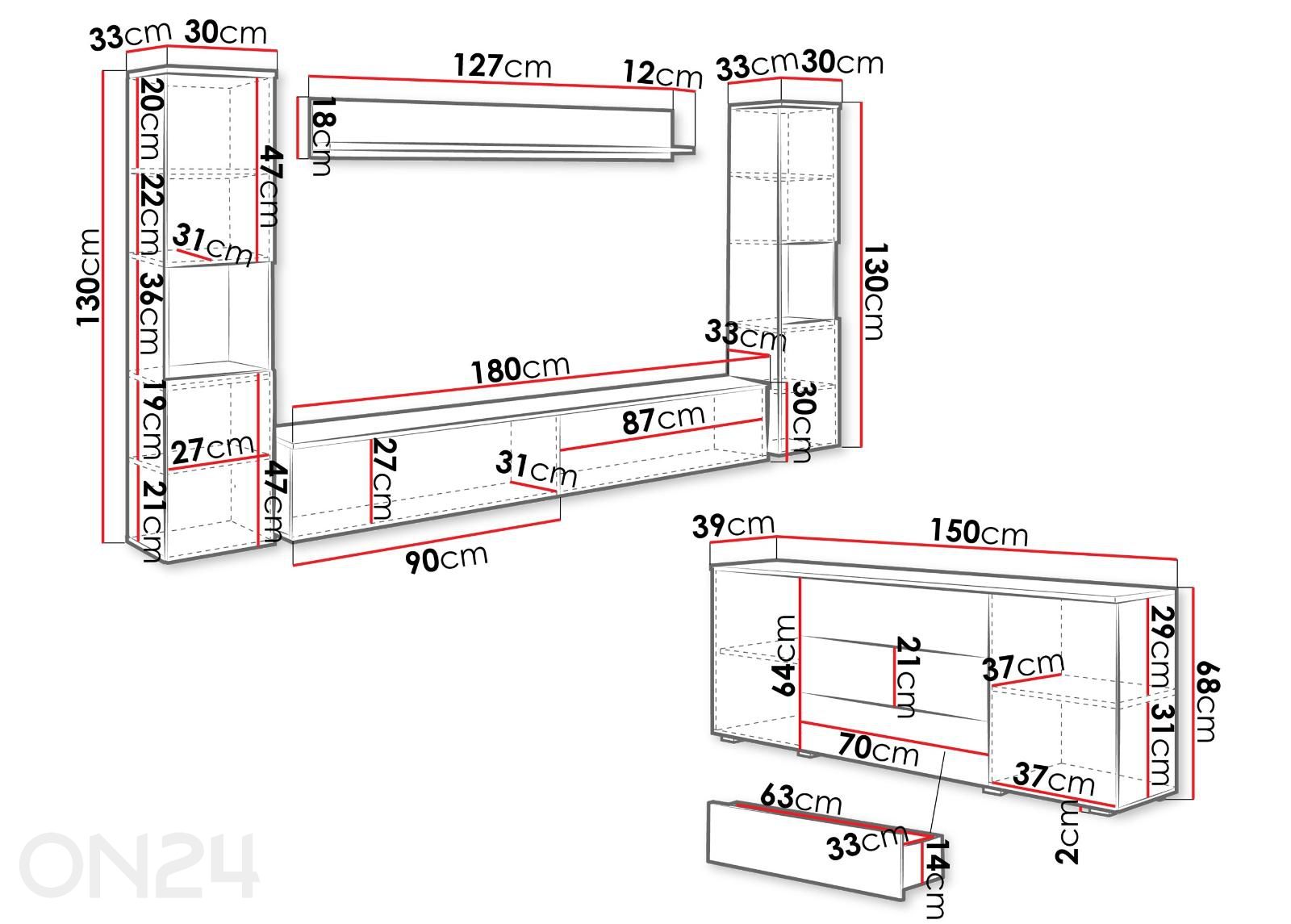 Olohuoneen kalusteryhmä Paris II + LED kuvasuurennos mitat
