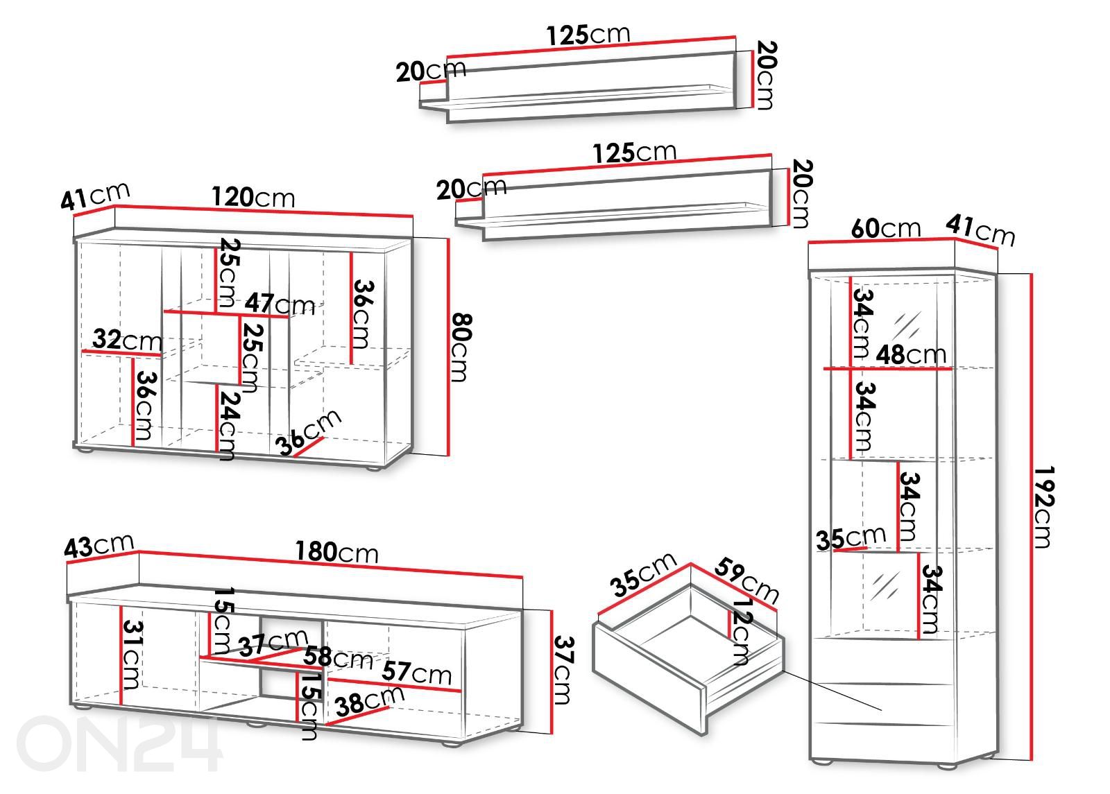 Olohuoneen kalusteryhmä Soho IX + LED kuvasuurennos mitat