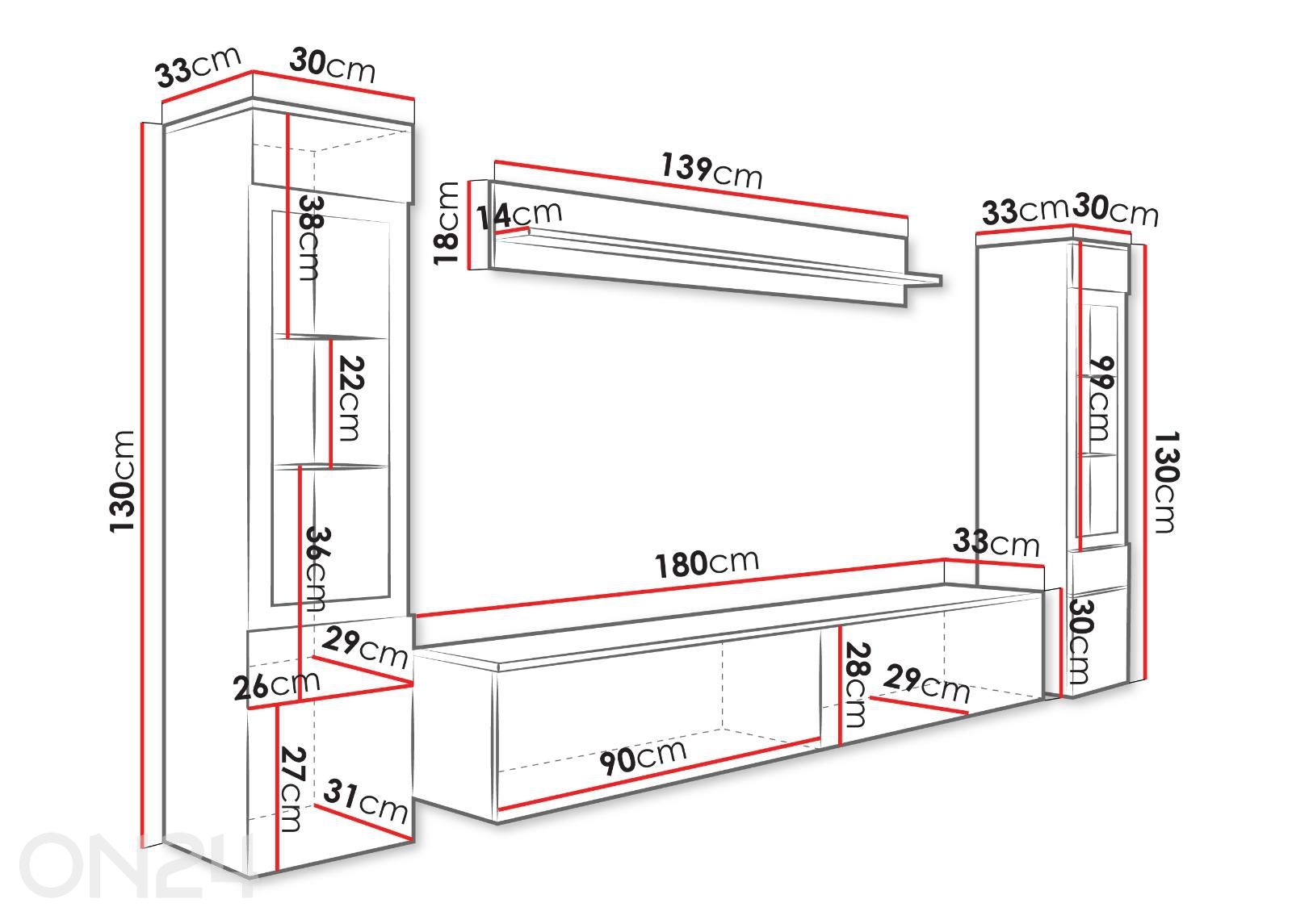 Olohuoneen kalusteryhmä Vera II kuvasuurennos mitat
