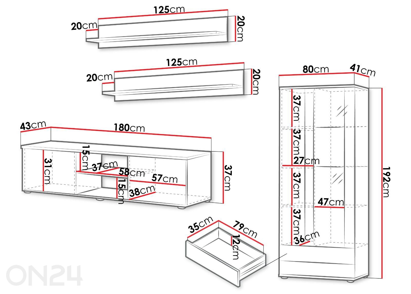 Olohuoneen kalustesarja Soho I + LED kuvasuurennos mitat
