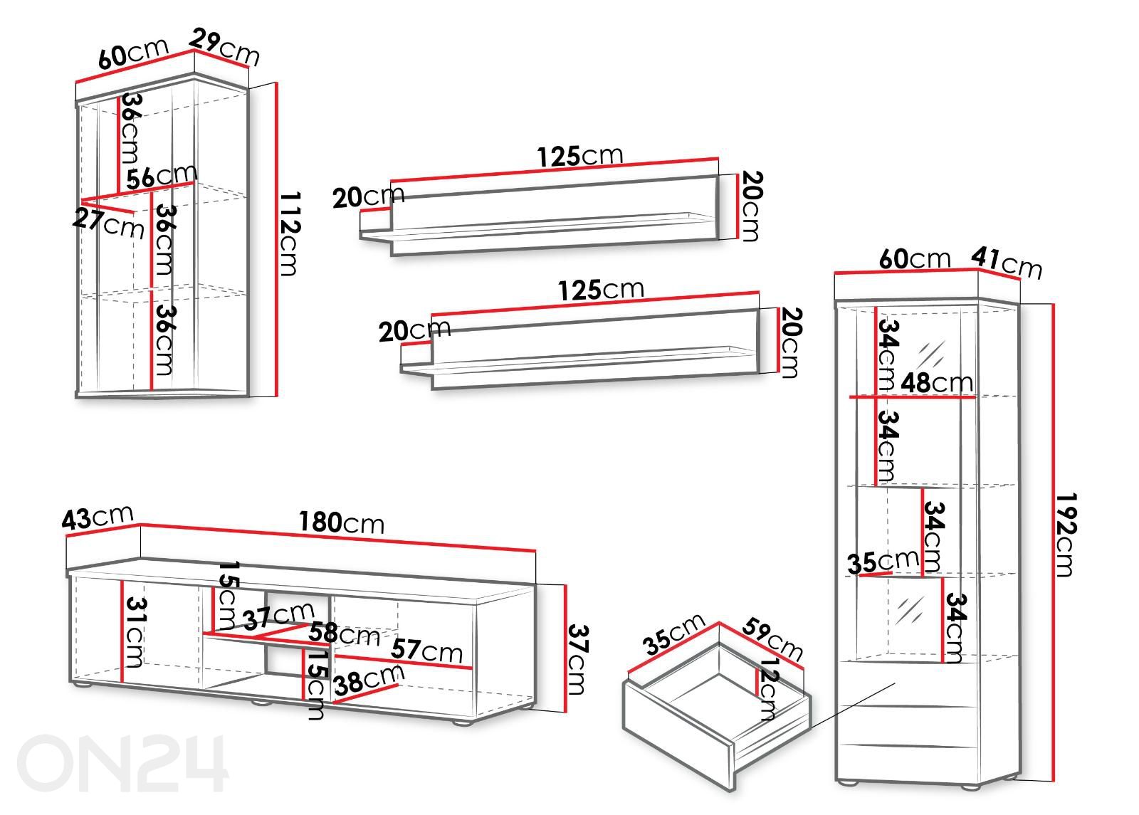 Olohuoneen kalustesarja Soho VI + LED kuvasuurennos mitat