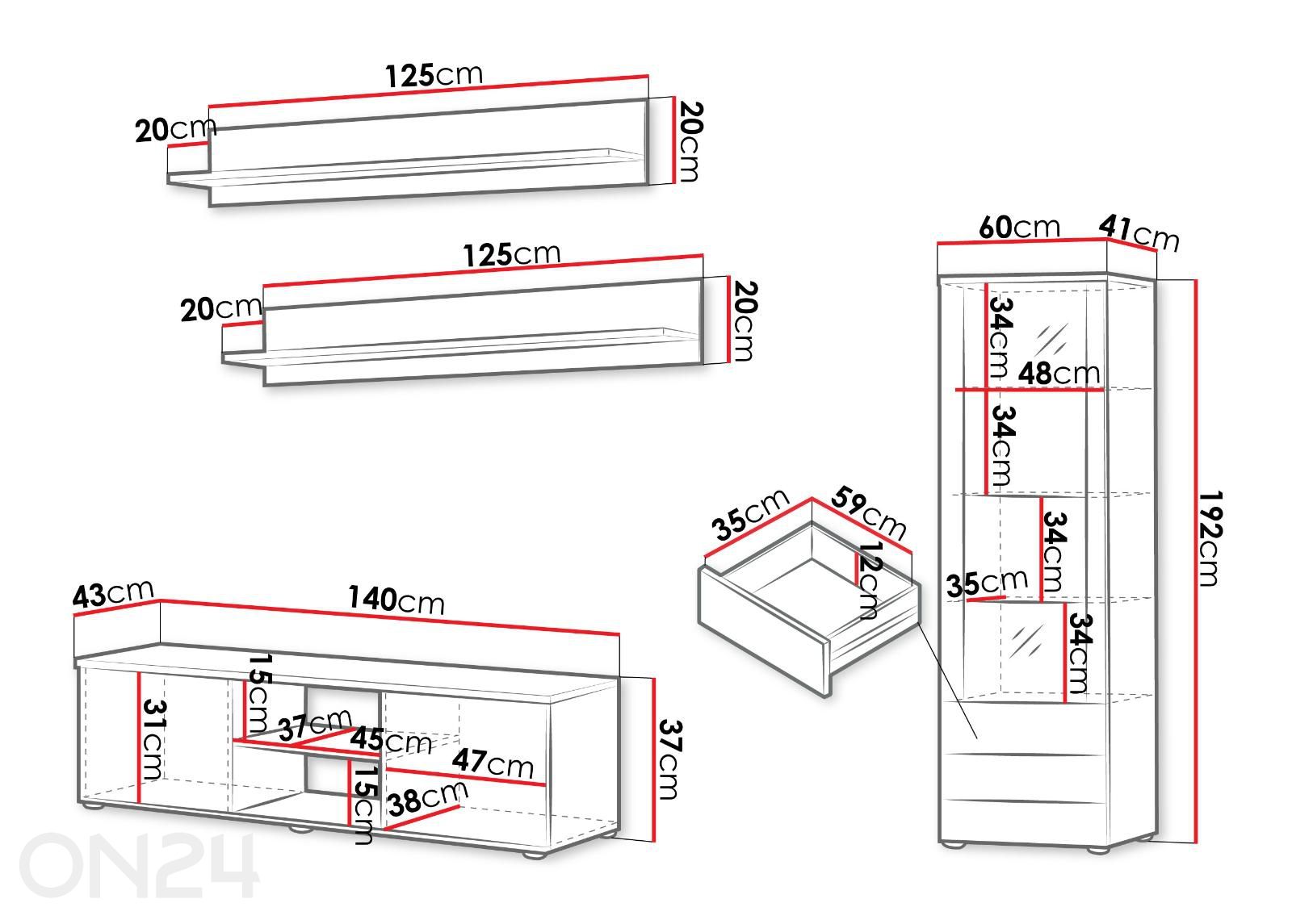 Olohuoneen kalustesarja Soho VII + LED kuvasuurennos mitat
