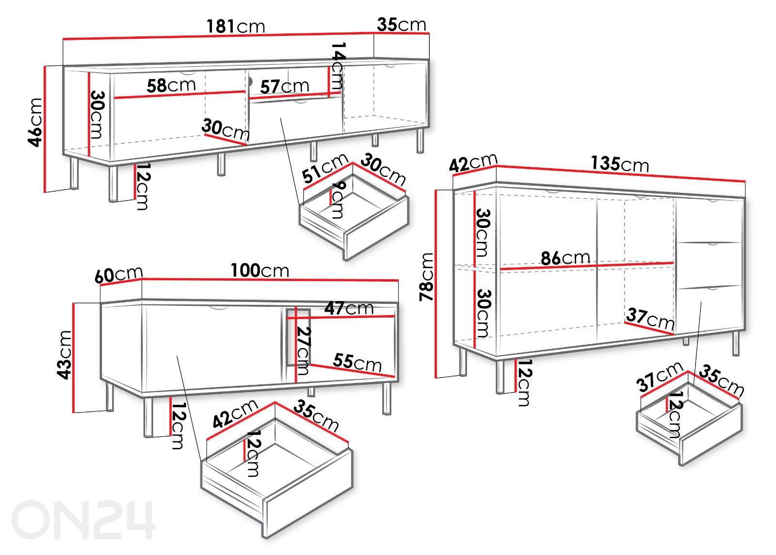 Olohuoneen kalustesarja Wera kuvasuurennos mitat