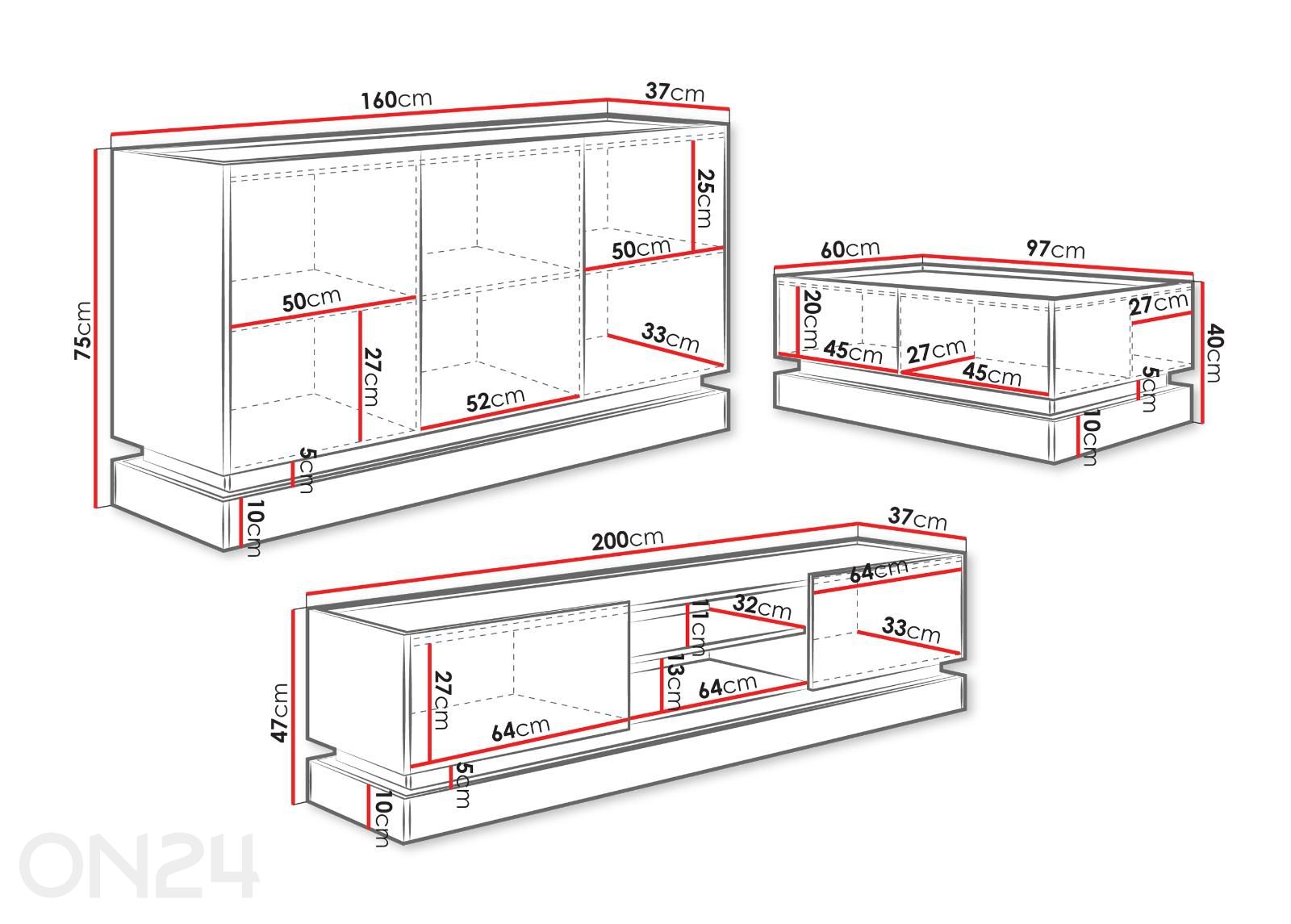 Olohuoneen kalustesarja Zarp kuvasuurennos mitat