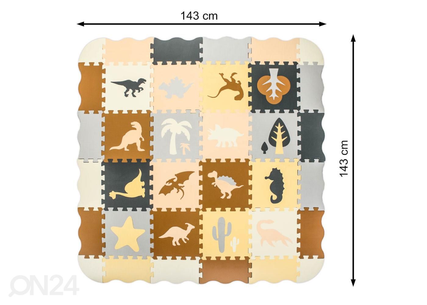 Palapelimatto 36 palaa dinosaurukset 143x143x1 cm kuvasuurennos mitat