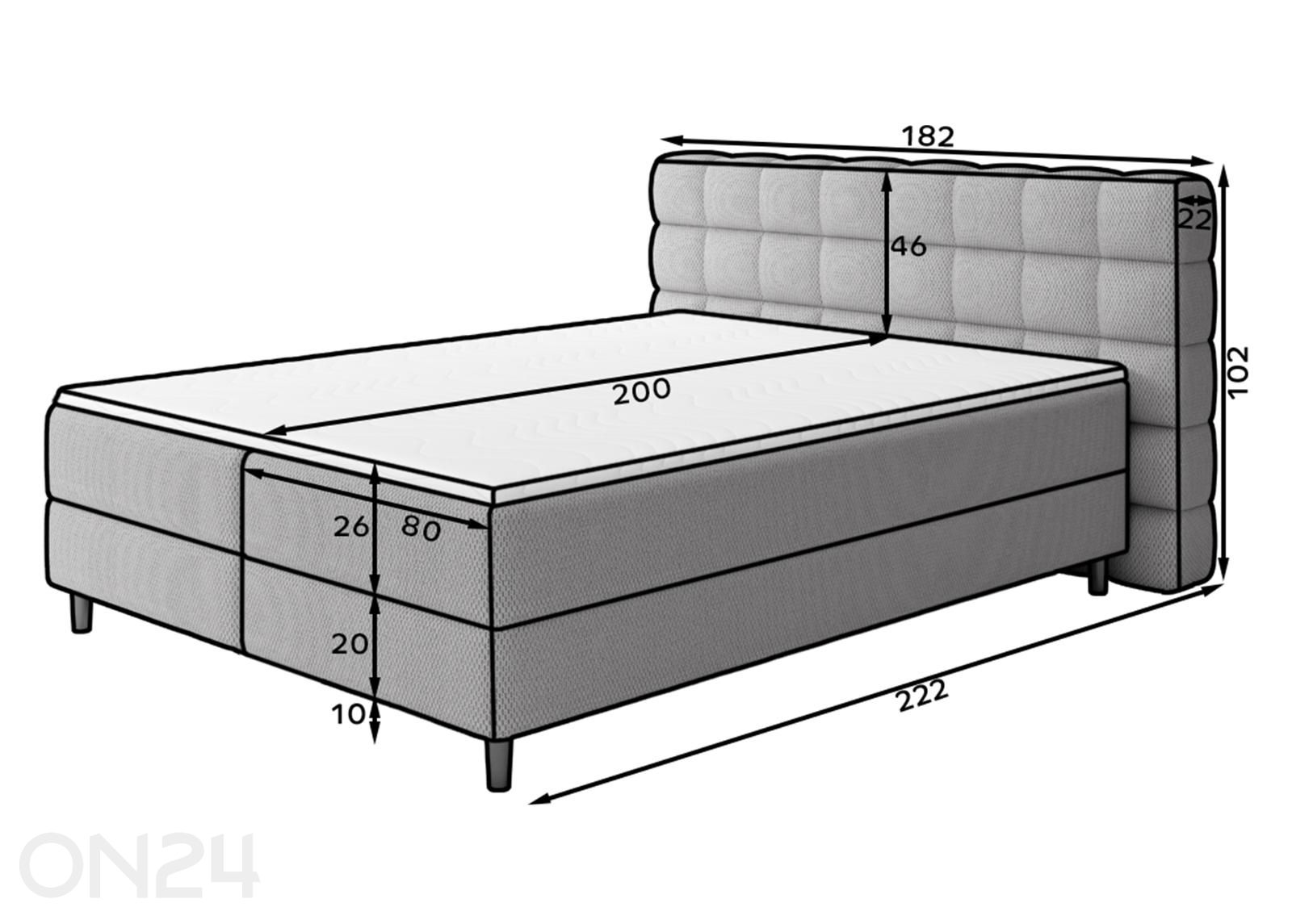 Pesukastilla varustettu kontinenttityyppinen sänky Camma 160x200 cm kuvasuurennos mitat