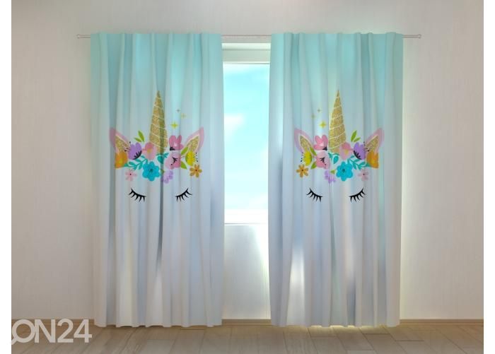 Puolipimentävä kuvaverho Unicorn with Flowers 240x220 cm kuvasuurennos
