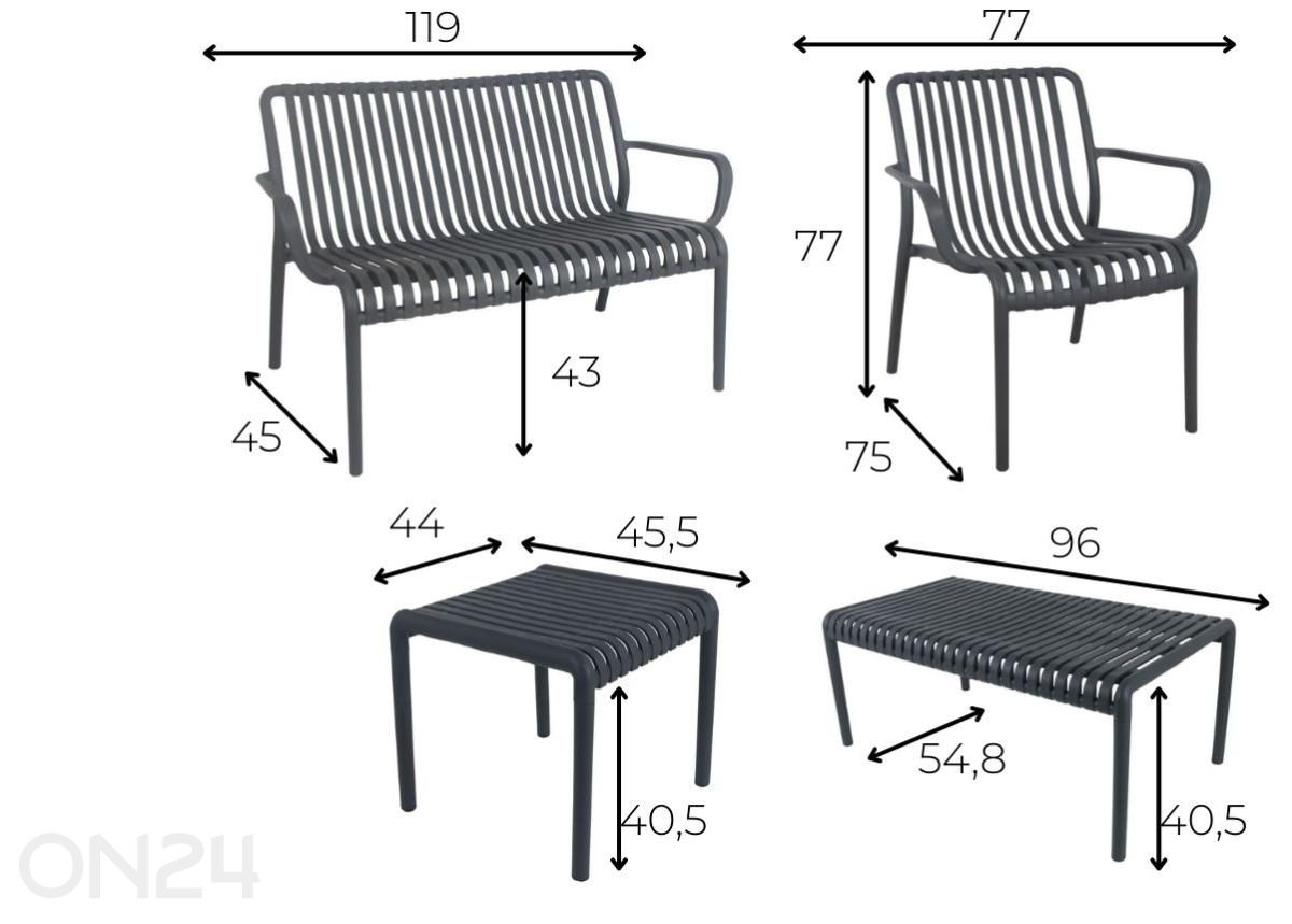 Puutarhakalusteet 2 tuolia + 2 pöytää + ulkosohva kuvasuurennos mitat
