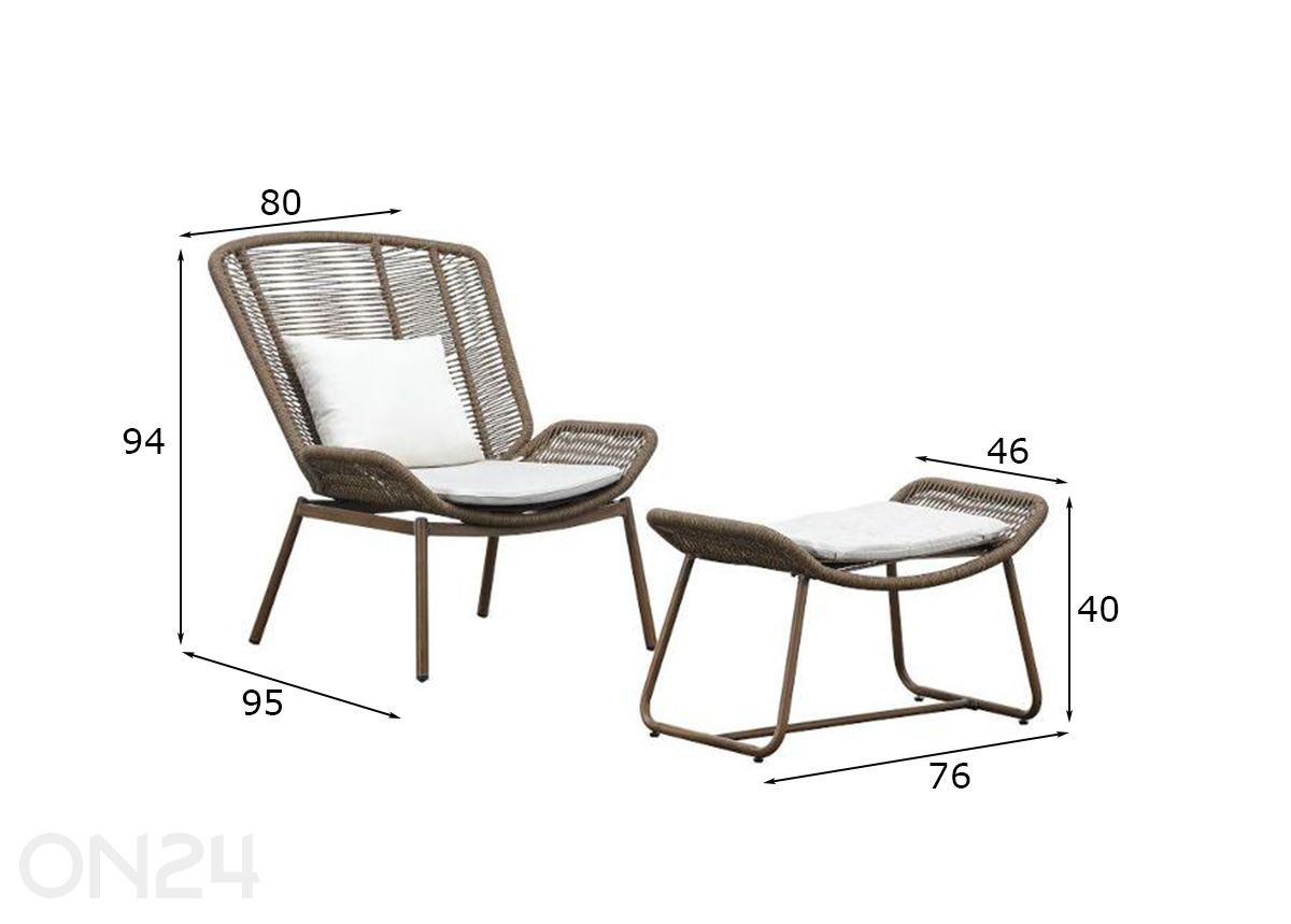 Puutarhakalusteet Comfy, tuoli ja rahi kuvasuurennos mitat