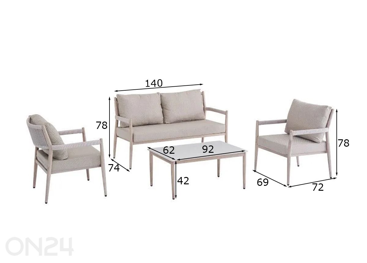 Puutarhakalusteet Ferrara pöytä + ulkoshva + 2 tuolia kuvasuurennos mitat