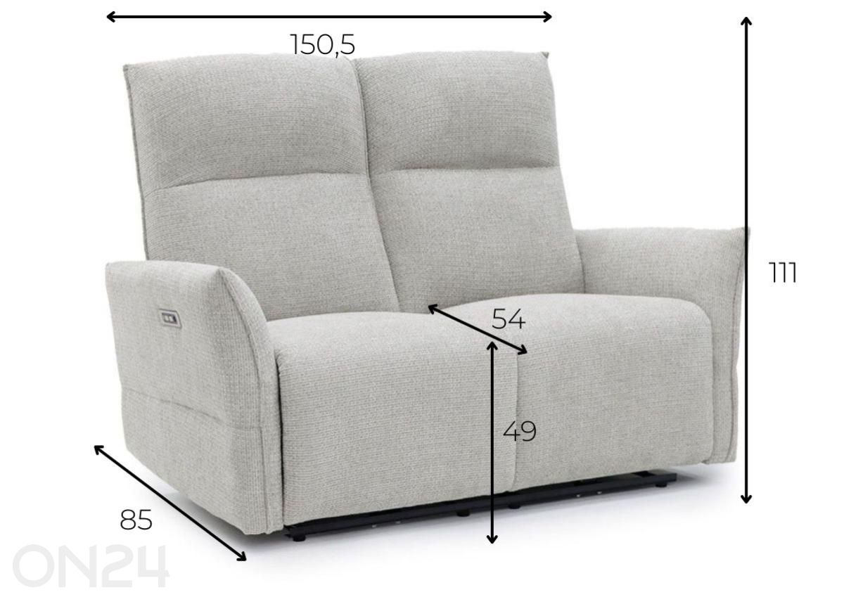 Recliner 2-paikkainen sohva Eleganz 2, vaaleanharmaa kuvasuurennos mitat