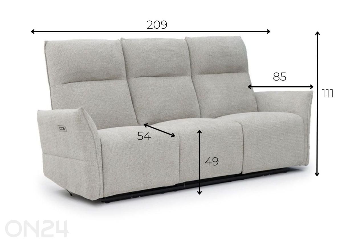 Recliner 3-paikkainen sohva Eleganz 3, vaaleanharmaa kuvasuurennos mitat