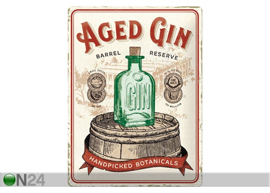 Retro metallitaulu Aged Gin Barrel 30x40 cm kuvasuurennos