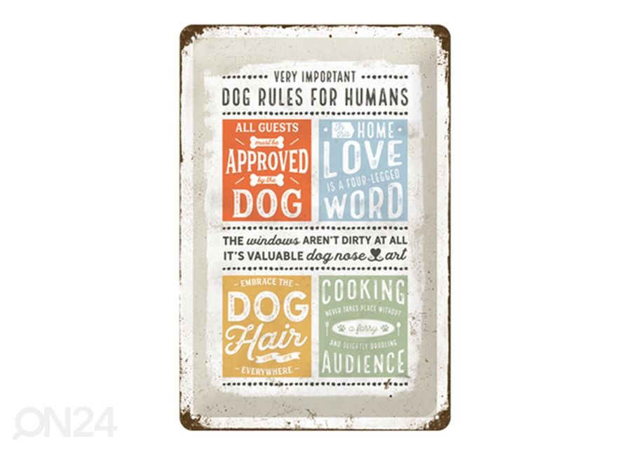 Retro metallitaulu Dog rules for humans 20x30 cm kuvasuurennos