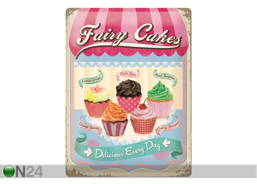 Retro metallitaulu Fairy Cakes Delicious Every Day 30x40 cm kuvasuurennos