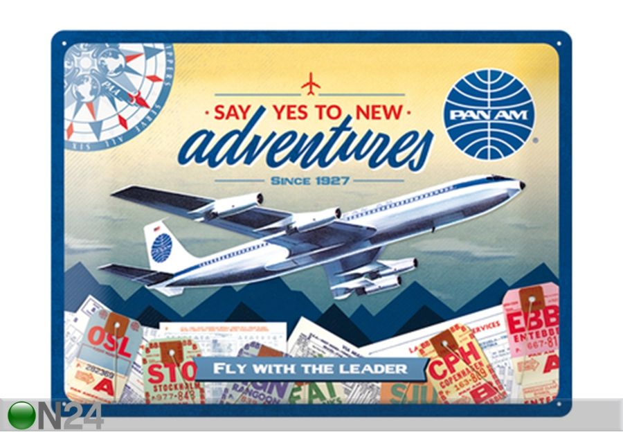 Retro metallitaulu Pan Am - New Adventures 30x40 cm kuvasuurennos