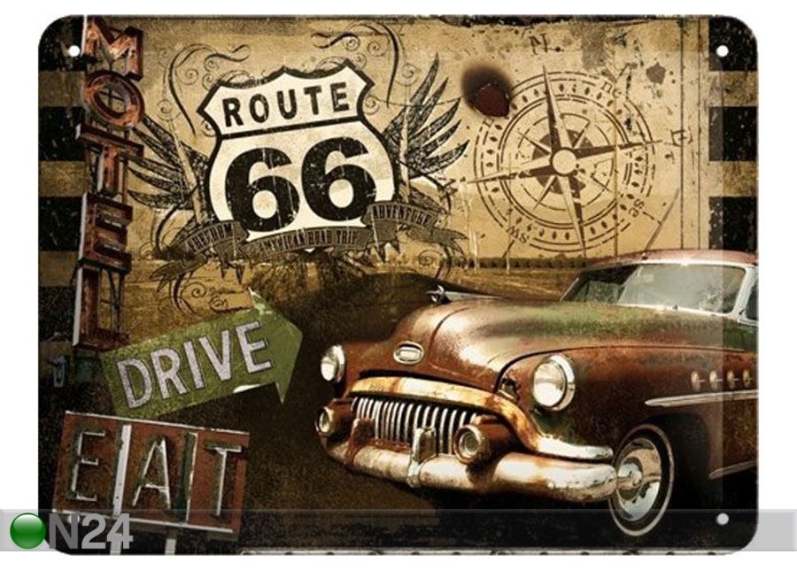 Retro metallitaulu Route 66 Drive&Eat 30x40 cm kuvasuurennos