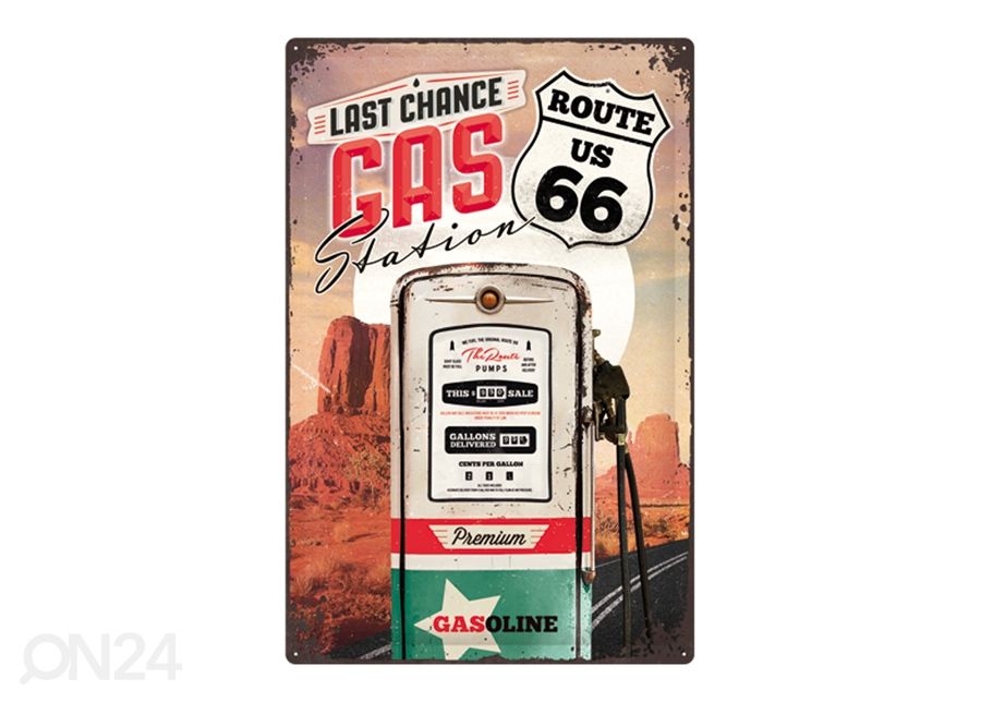 Retro metallitaulu Route 66 Last chance gas station 40x60 cm kuvasuurennos