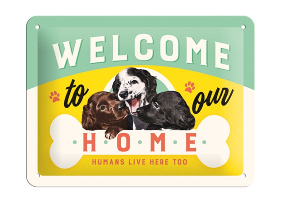Retro metallitaulu Welcome to our home... 15x20 cm kuvasuurennos