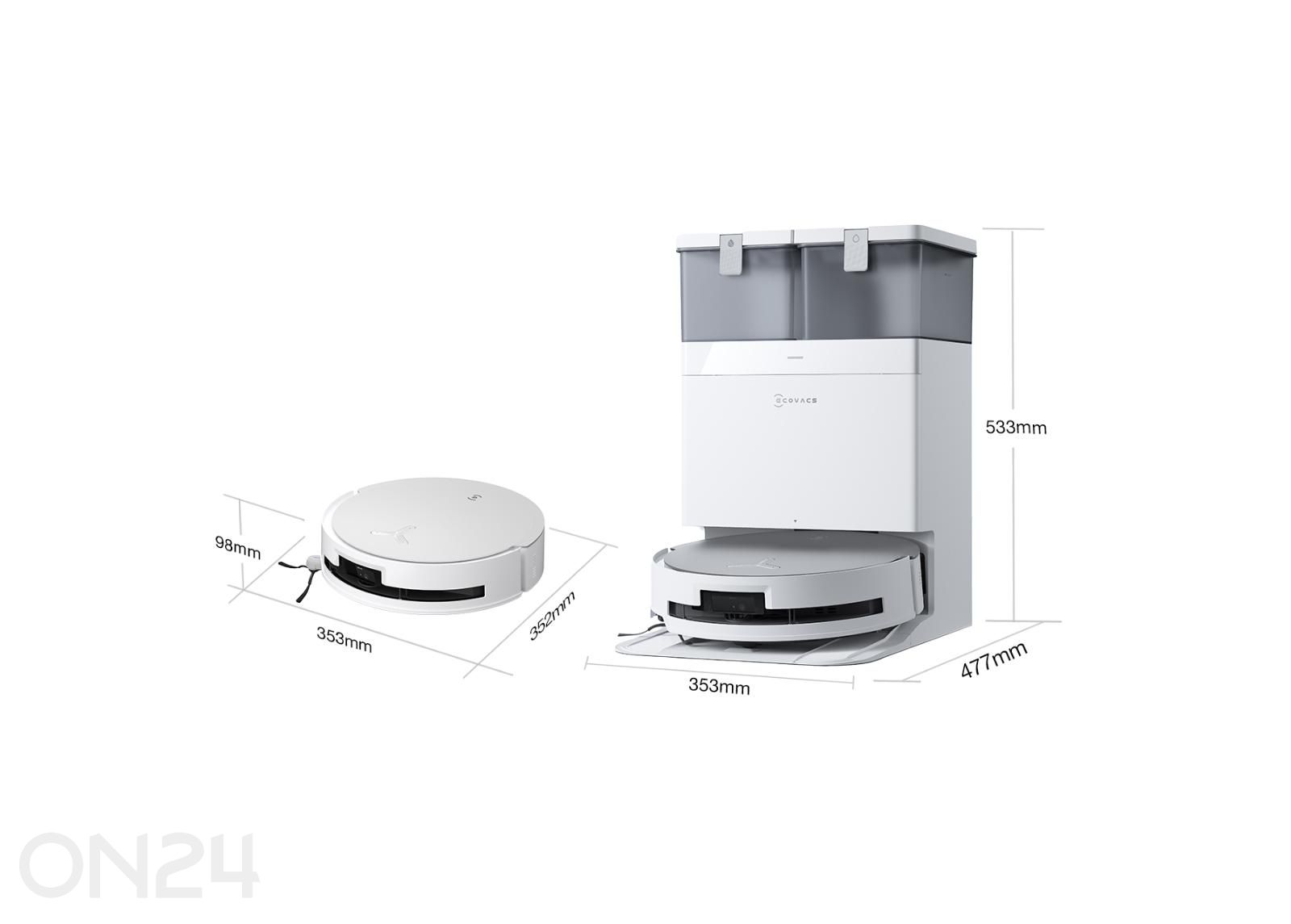 Robottipölynimuri Ecovacs Deebot X8 OMNI, märkä- ja kuivapesu, valkoinen kuvasuurennos mitat