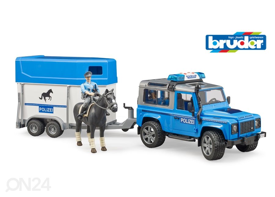 Rover Defender hevosperävaunu ja ratsastuspoliisi 1:16 Bruder kuvasuurennos