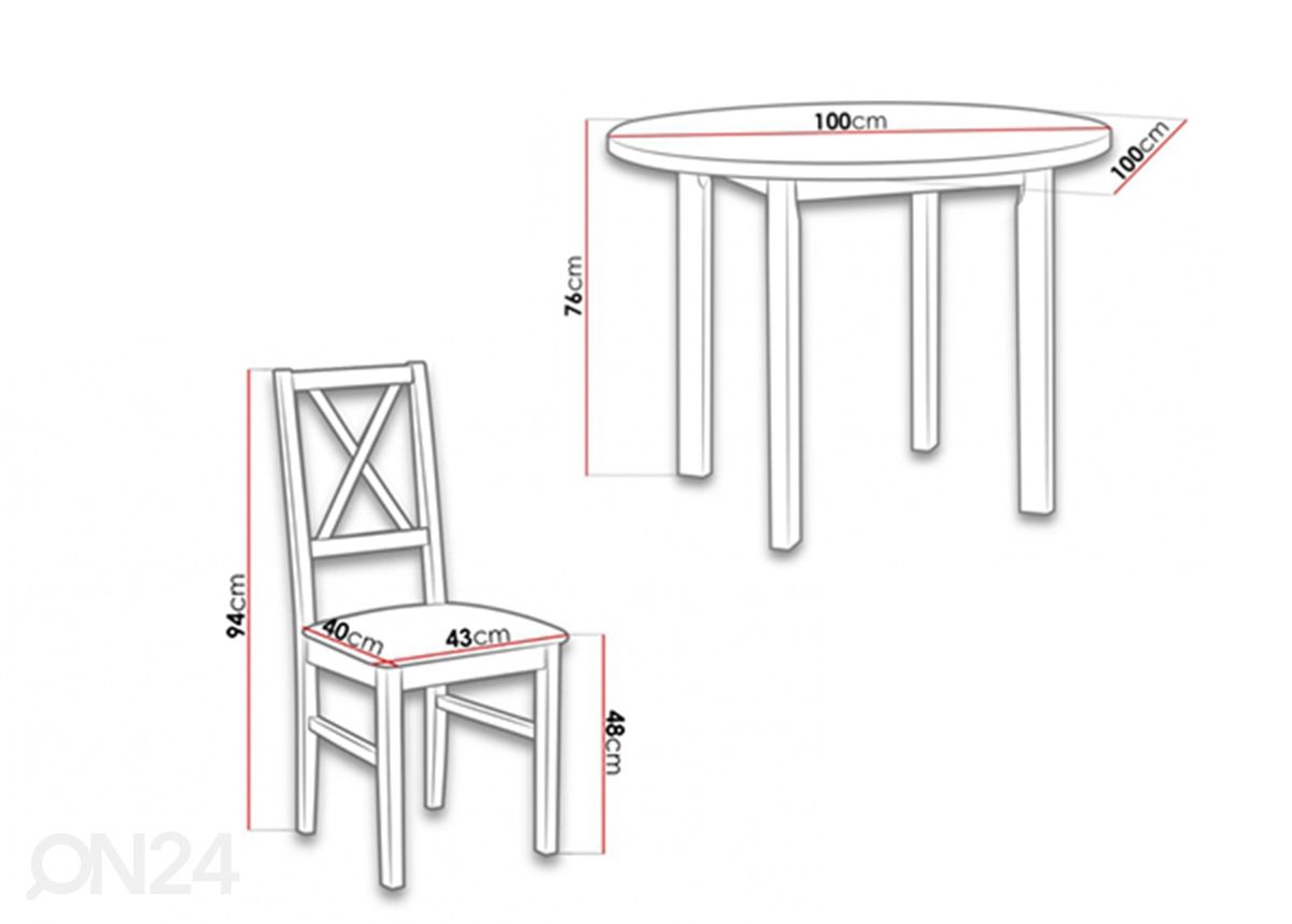 Ruokapöytä Ø 100 cm + 4 tuolia kuvasuurennos mitat