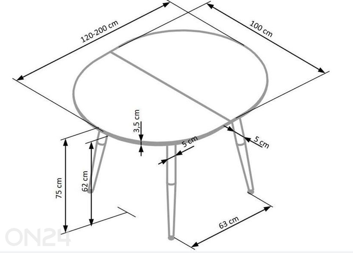 Säädettävä ruokapöytä Edward 100x120/200 cm kuvasuurennos mitat