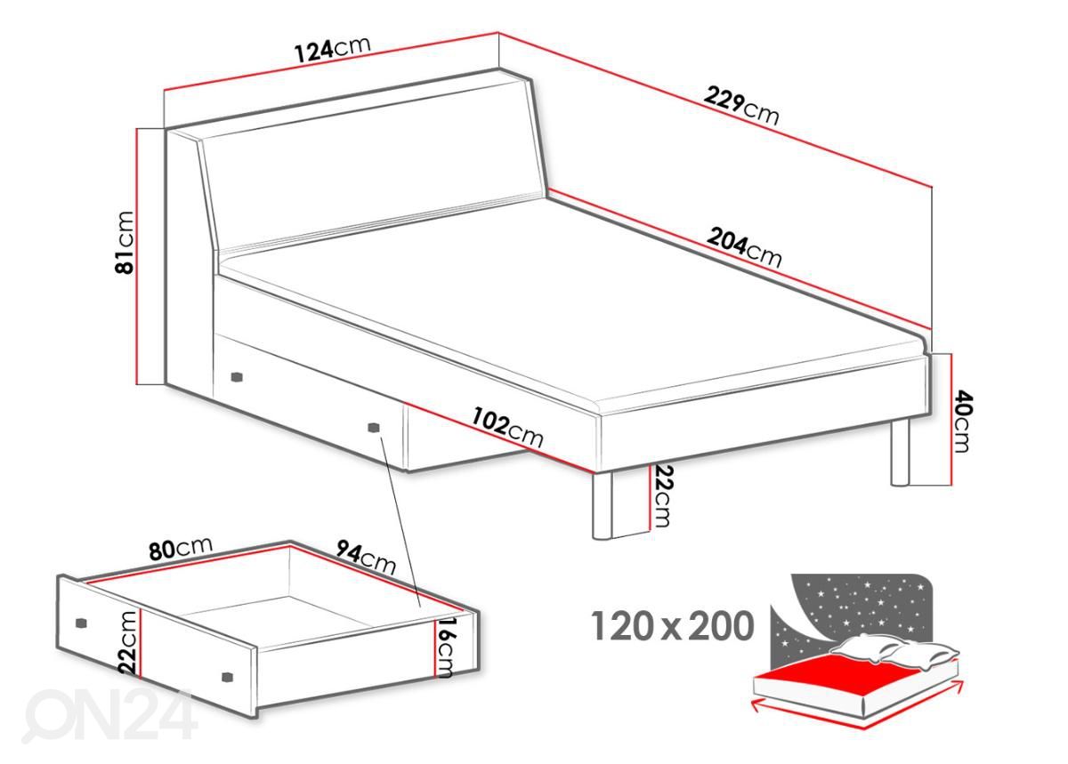 Sänky 120x200 cm + vuodevaatelaatikko kuvasuurennos mitat