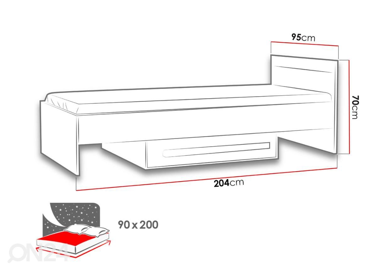 Sänky 90x200 cm kuvasuurennos mitat