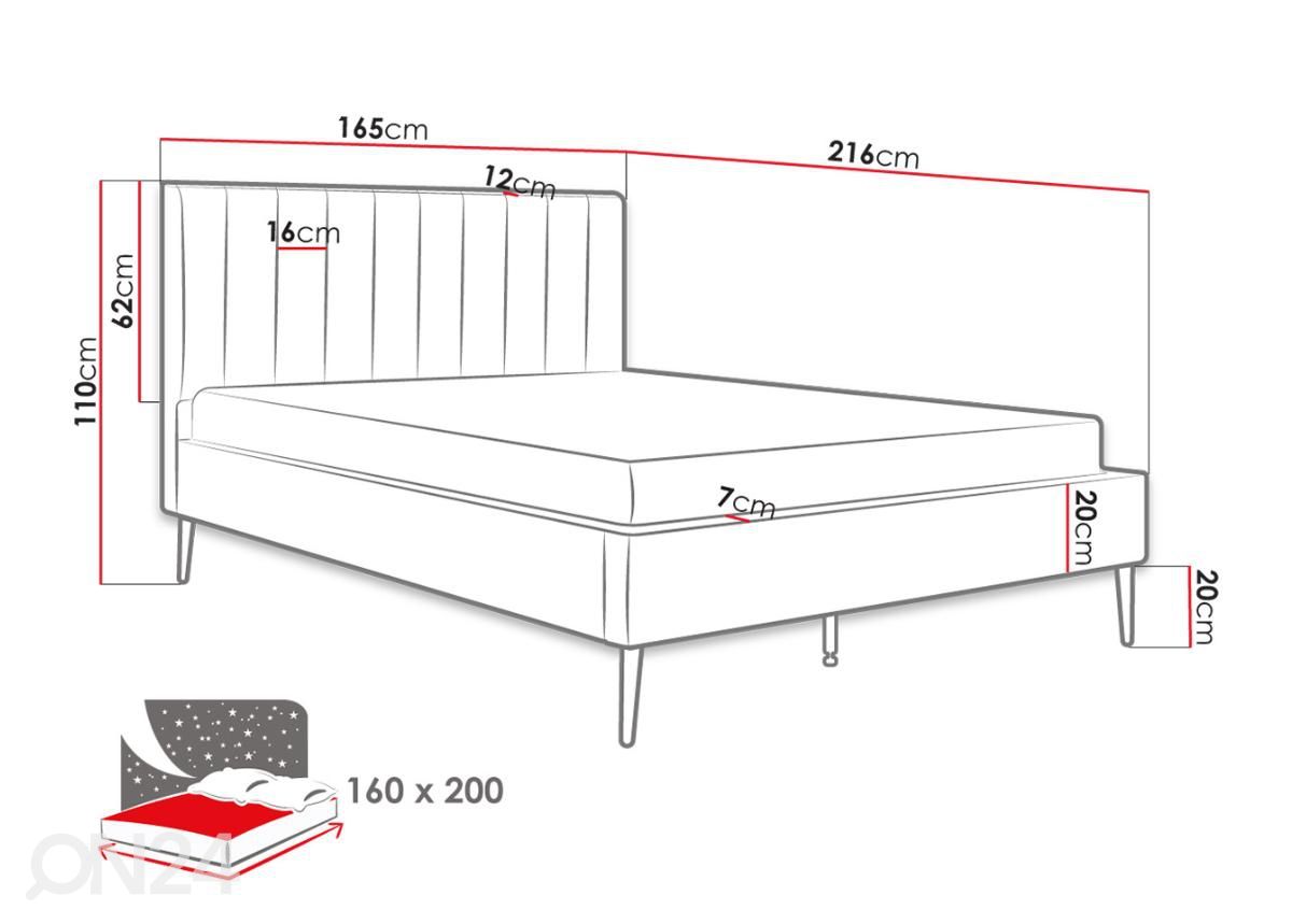 Sänky Flavia 160x200 cm kuvasuurennos mitat
