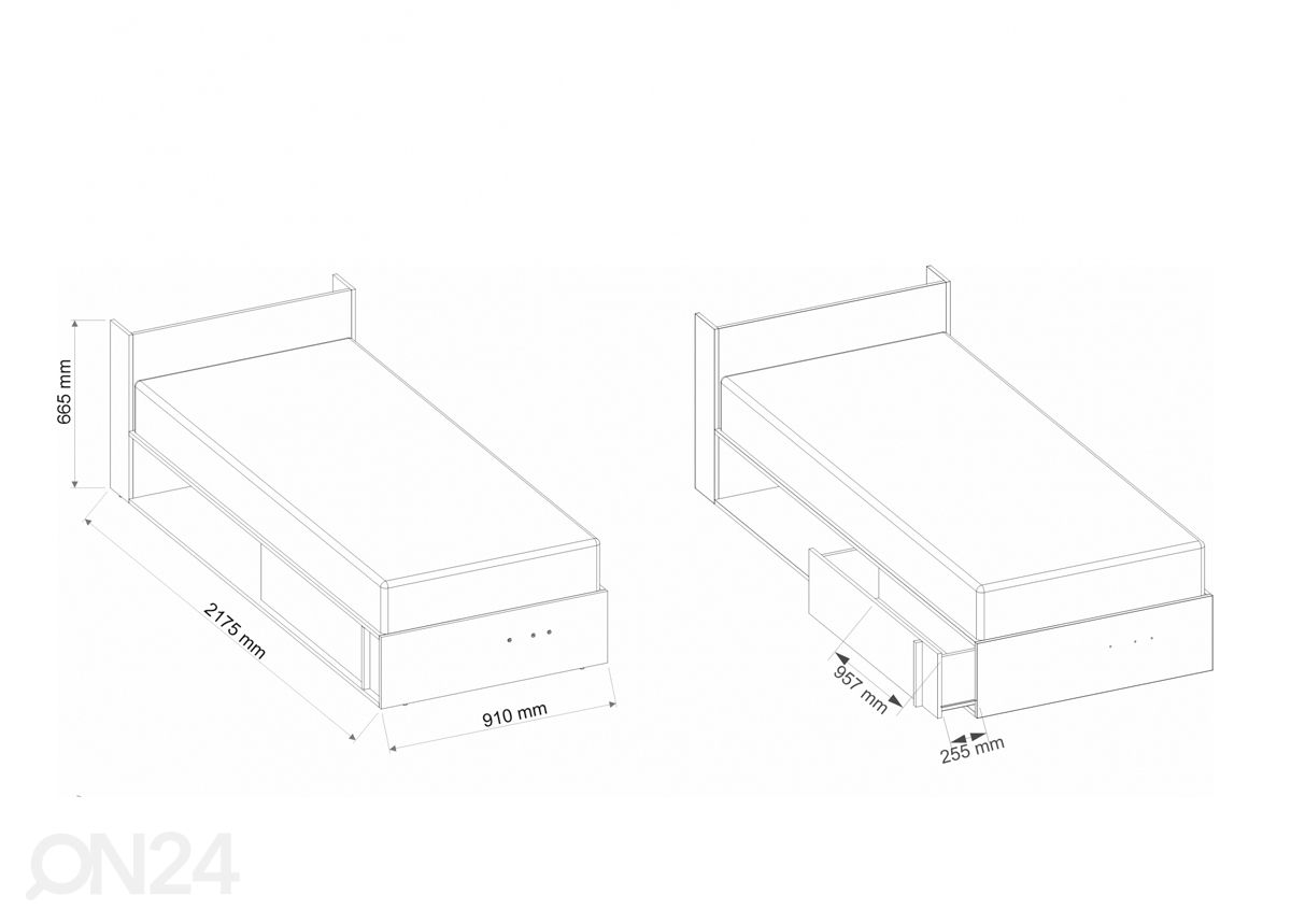 Sänky vuodevaatelaatikolla 90x200 cm kuvasuurennos mitat