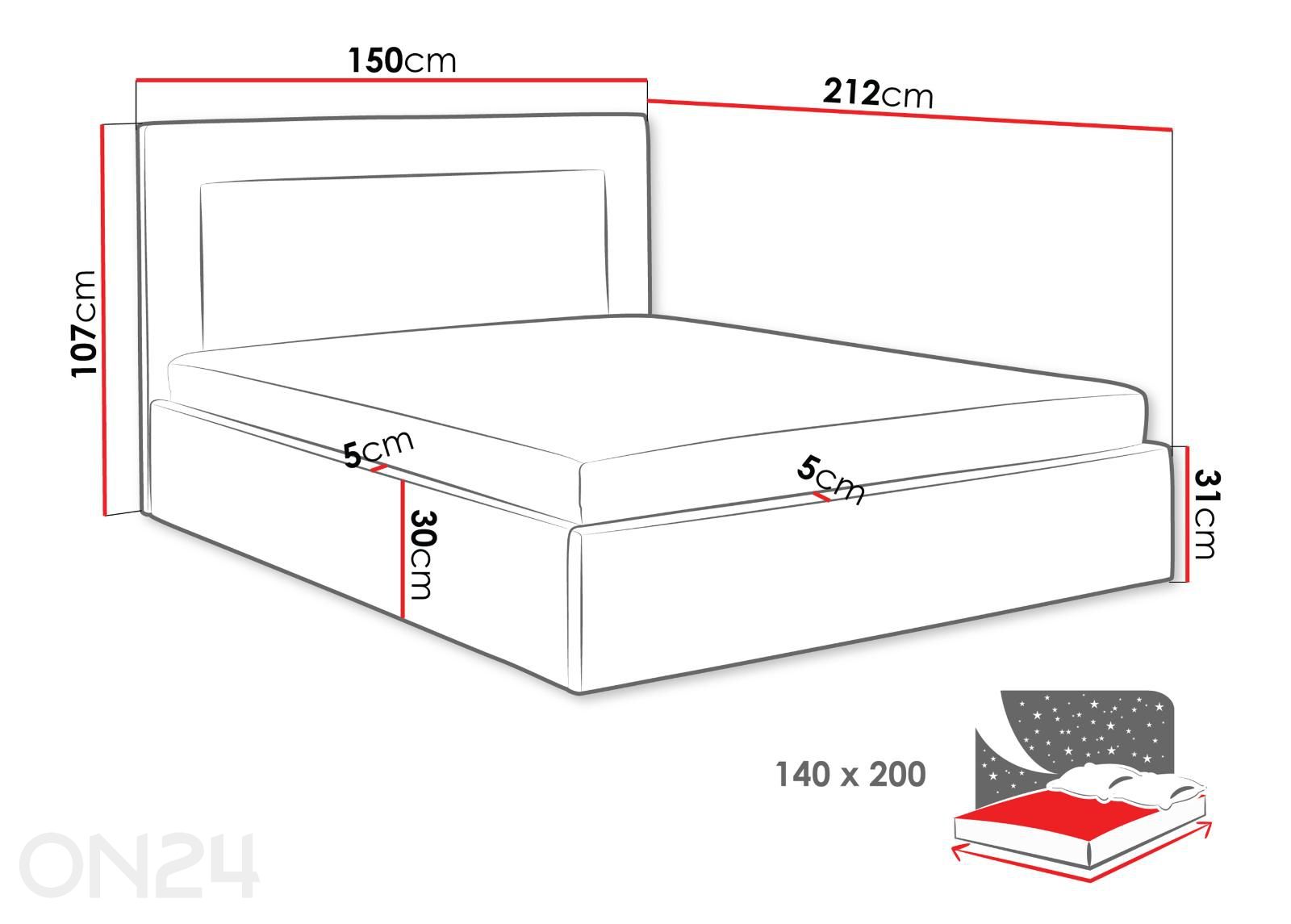 Sänky vuodevaatelaatikolla Thre 140x200 cm kuvasuurennos mitat